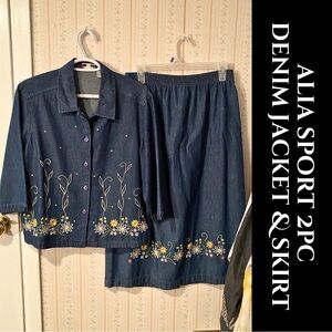 Alia Sport 2pc Denim Jacket and Skirt Set with Embroidery